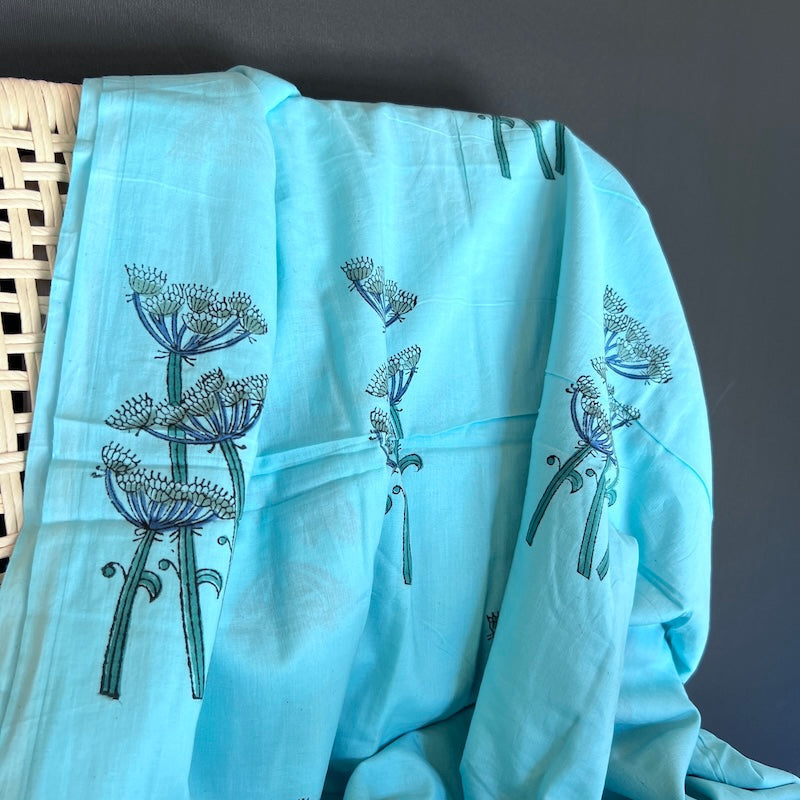 Sanganeri Hand Block Print - Umbels on Aqua