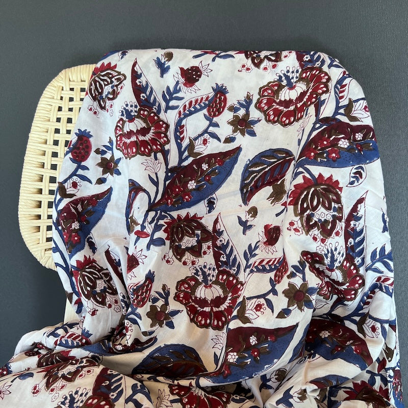 Sanganeri Hand Block Print - Flowers and Berries on White