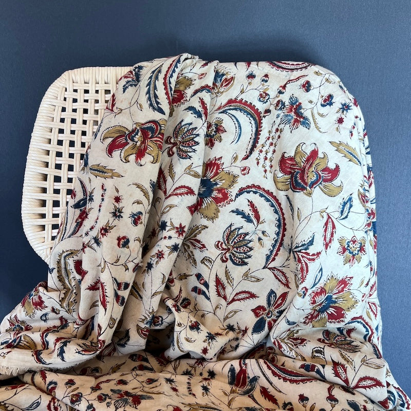 Pedana Kalamkari Hand Block Print - Cotton - Vines and Flowers on Natural