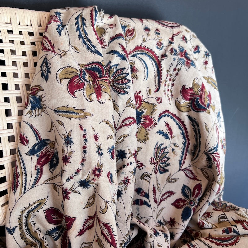 Pedana Kalamkari Hand Block Print - Cotton - Vines and Flowers on Natural
