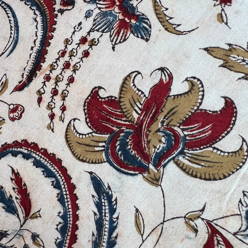 Pedana Kalamkari Hand Block Print - Cotton - Vines and Flowers on Natural