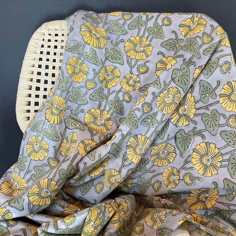 Sanganeri Hand Block Print - Yellow Flowers on Grey
