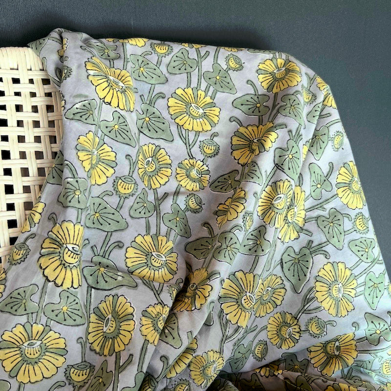 Sanganeri Hand Block Print - Yellow Flowers on Grey