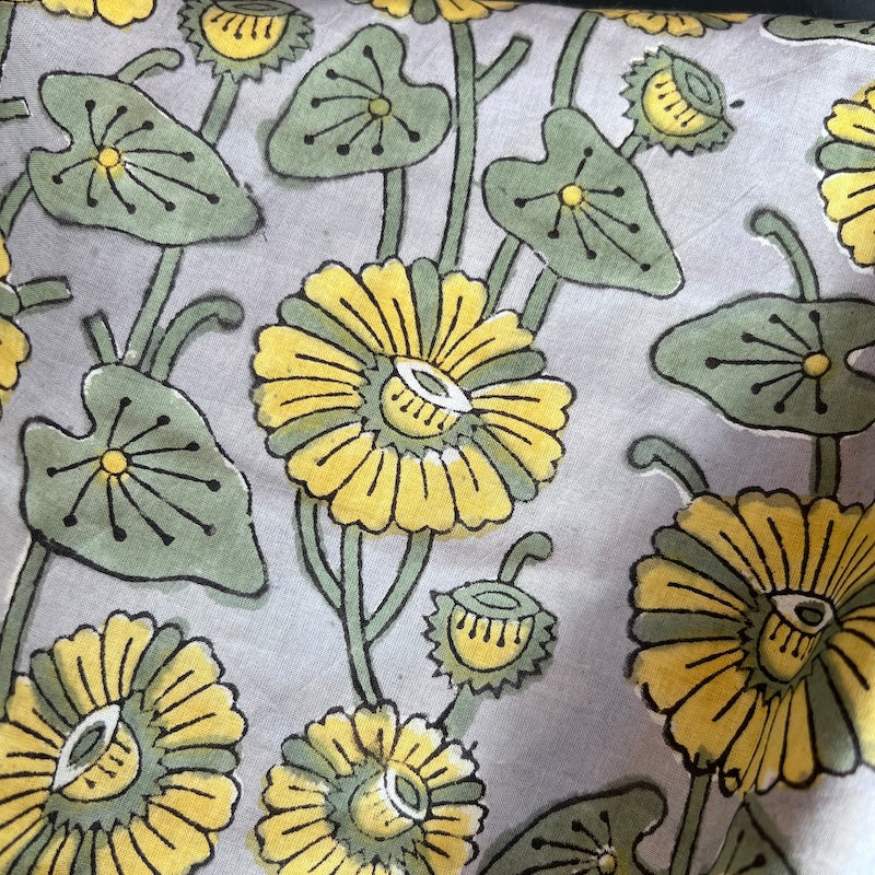 Sanganeri Hand Block Print - Yellow Flowers on Grey