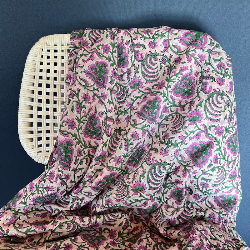 Sanganeri Hand Block Print - Pink and Green Vines on Cream