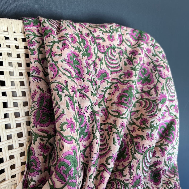 Sanganeri Hand Block Print - Pink and Green Vines on Cream