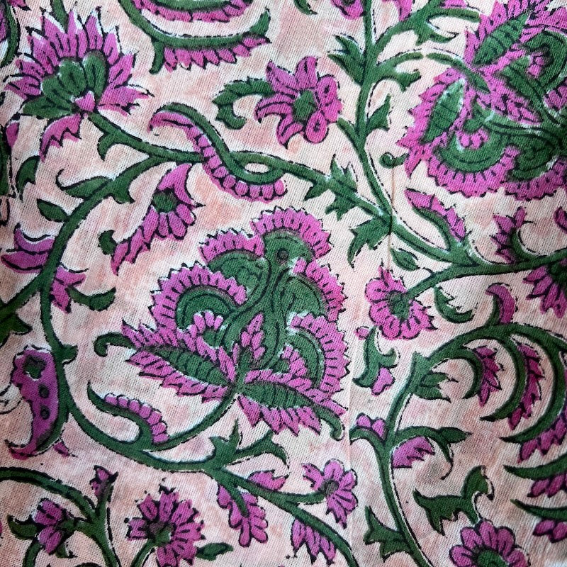 Sanganeri Hand Block Print - Pink and Green Vines on Cream