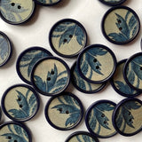 Textile Garden - Corozo Button - 18mm - Natural with Navy Blue Leaf Design