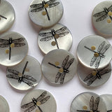 Textile Garden - Shell Button - 18mm -  Gray Matte with Black Dragonfly
