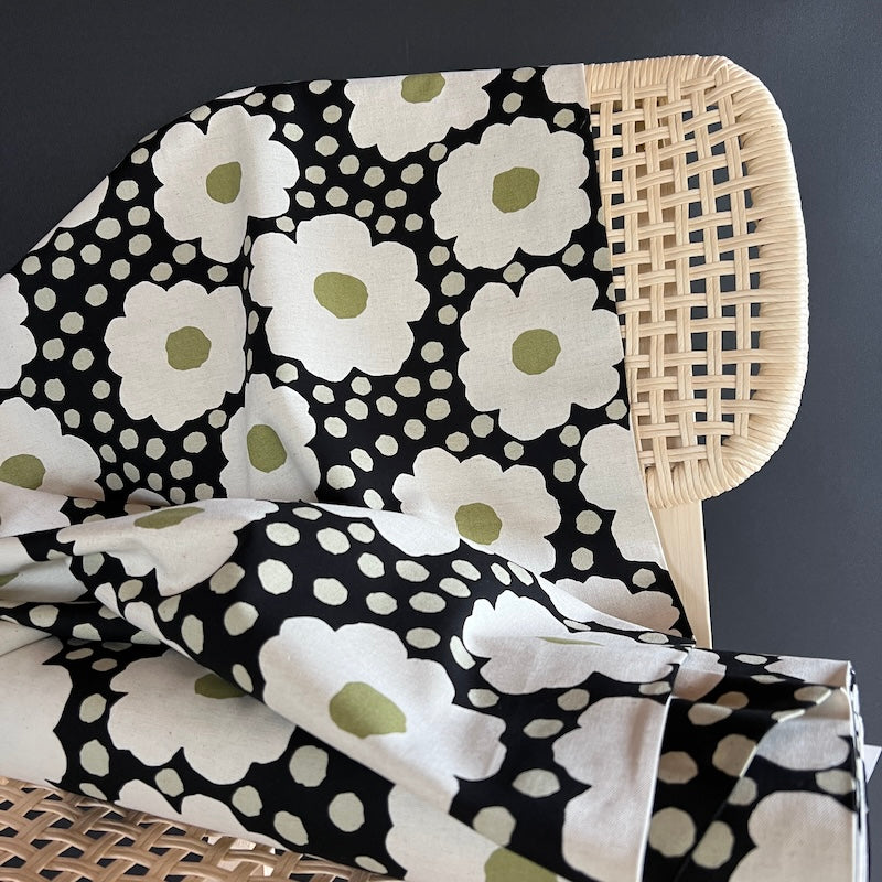 Kobayashi - Cotton Linen Canvas - Dots and Daisies - Black and Olive on Natural