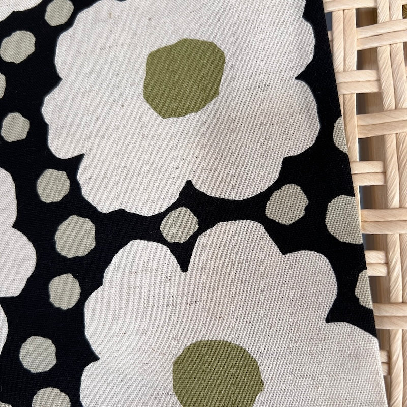Kobayashi - Cotton Linen Canvas - Dots and Daisies - Black and Olive on Natural