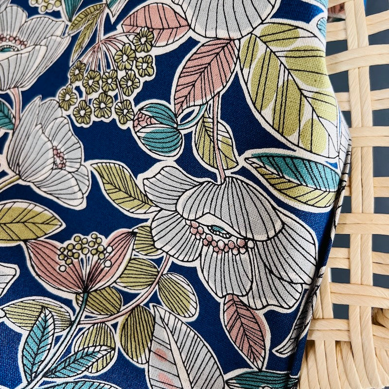 Asano - Cotton Linen Canvas - Line Drawn Floral - Navy