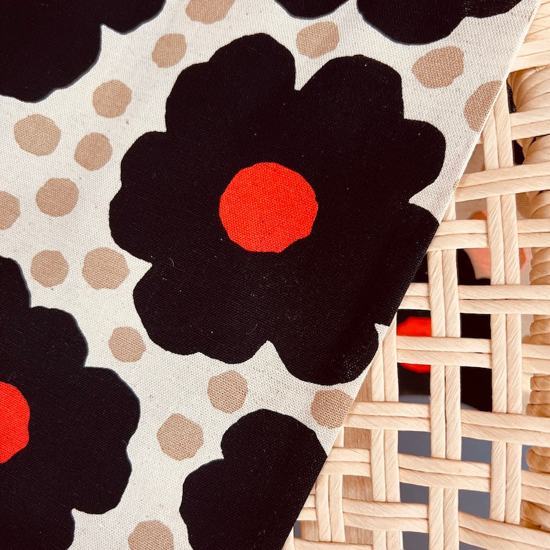 Kobayashi - Cotton Linen Canvas - Dots and Daisies - Black and Poppy on Natural