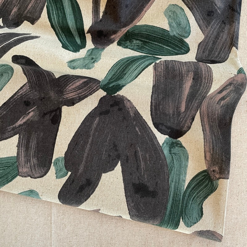 Kokka - Cotton/Linen Lightweight Canvas - Finger Paint Flower Abstract - Charcoal and Teal on Natural