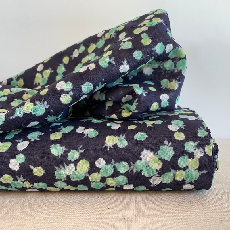 Kokka - Cotton Swiss Dot - Green Berries on Navy