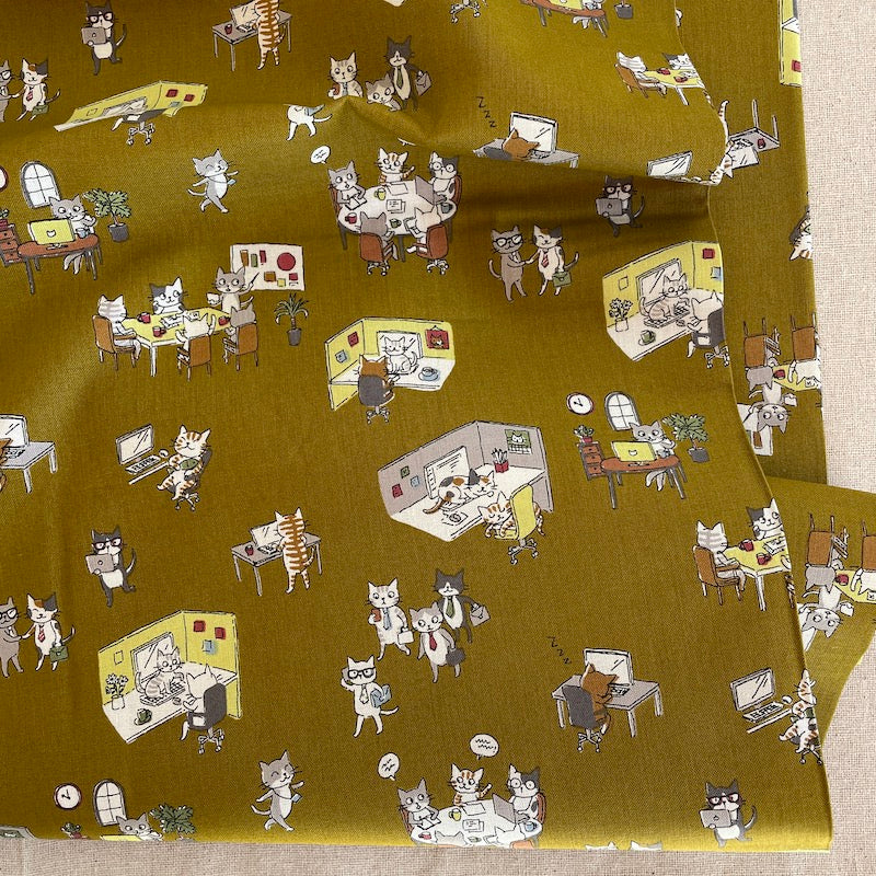 Kokka - Cotton Sheeting - Funny Cats - Office Cats - Golden Olive