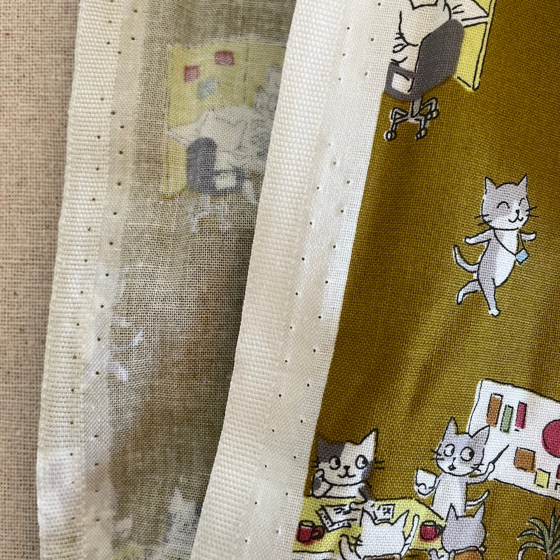 Kokka - Cotton Sheeting - Funny Cats - Office Cats - Golden Olive