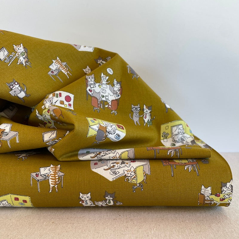 Kokka - Cotton Sheeting - Funny Cats - Office Cats - Golden Olive