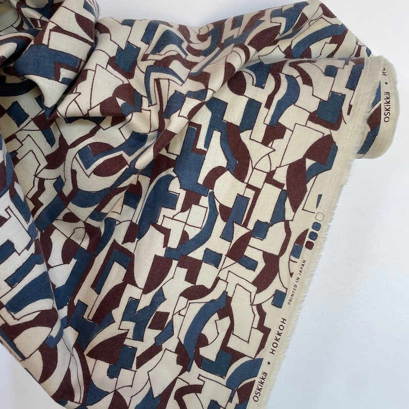 Hokkoh - Brushed Cotton Viella - Abstract Graphic - Coffee and Blue on Natural fabric