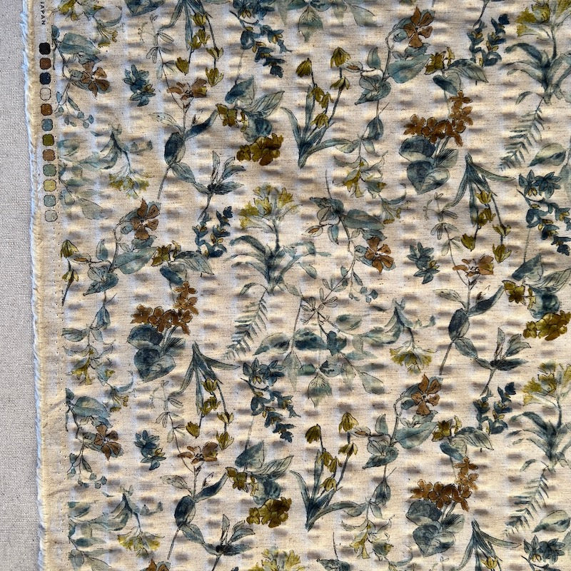 Hokkoh - Cotton Linen Seersucker - Floral - Wildflowers - Blue and Brown on Natural