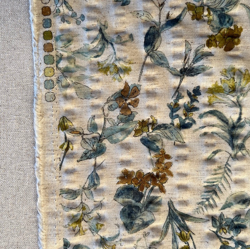 Hokkoh - Cotton Linen Seersucker - Floral - Wildflowers - Blue and Brown on Natural