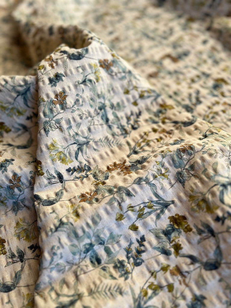 Hokkoh - Cotton Linen Seersucker - Floral - Wildflowers - Blue and Brown on Natural