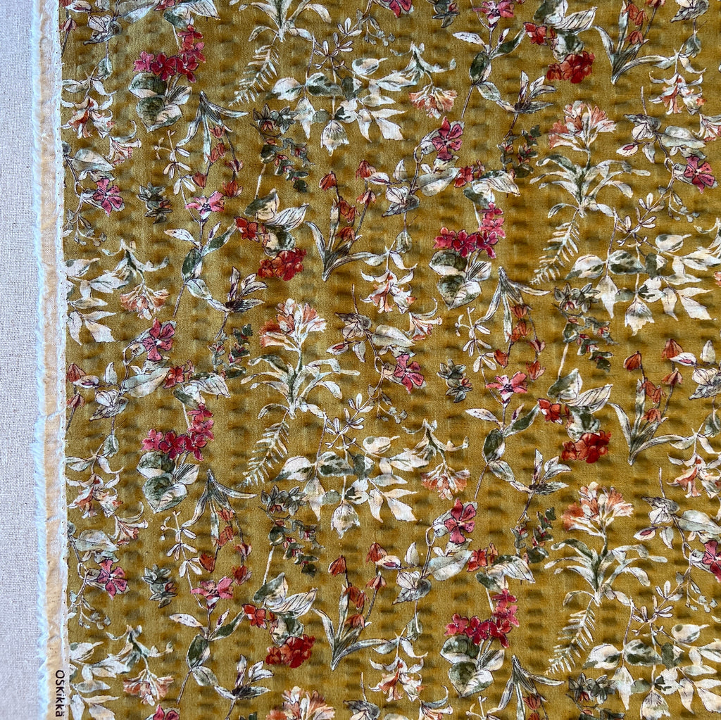 Hokkoh - Cotton Linen Seersucker - Floral - Wildflowers - Coral on Mustard