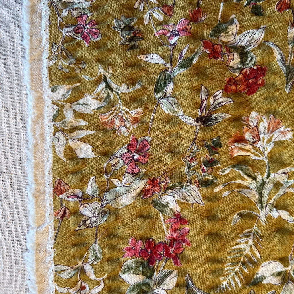 Hokkoh - Cotton Linen Seersucker - Floral - Wildflowers - Coral on Mustard