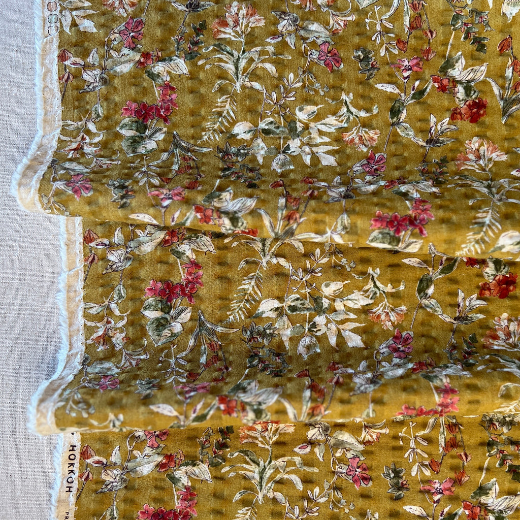 Hokkoh - Cotton Linen Seersucker - Floral - Wildflowers - Coral on Mustard