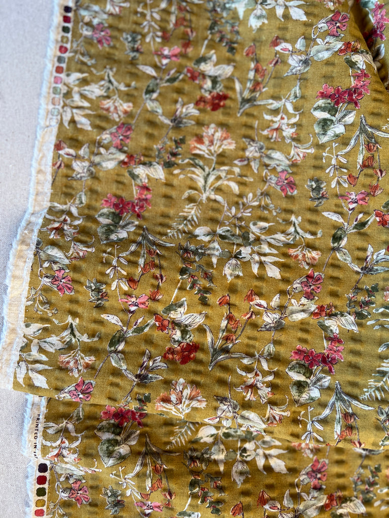 Hokkoh - Cotton Linen Seersucker - Floral - Wildflowers - Coral on Mustard