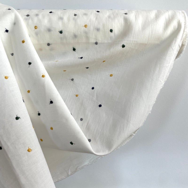 Yanagi - Embroidered Cotton - Tiny Dot - Cream with Navy and Mustard Dots