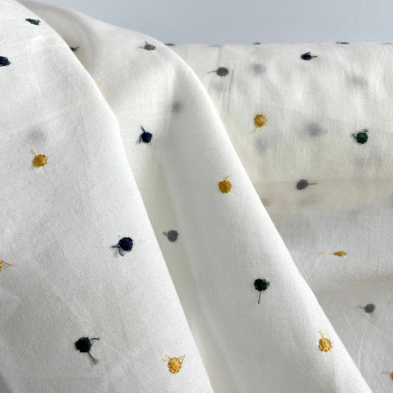 Yanagi - Embroidered Cotton - Tiny Dot - Cream with Navy and Mustard Dots