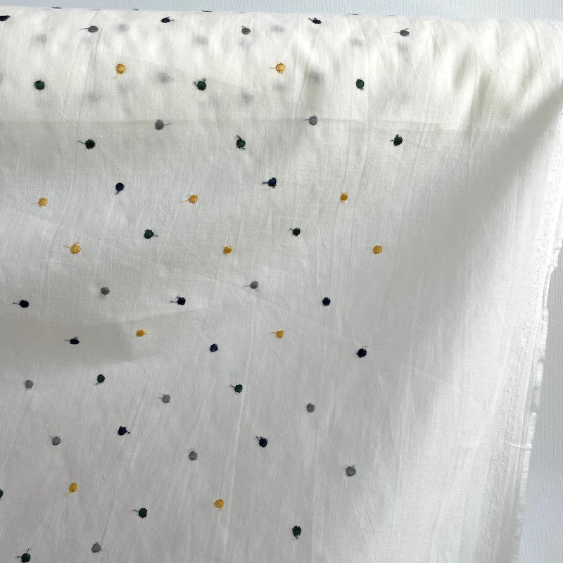 Yanagi - Embroidered Cotton - Tiny Dot - Cream with Navy and Mustard Dots