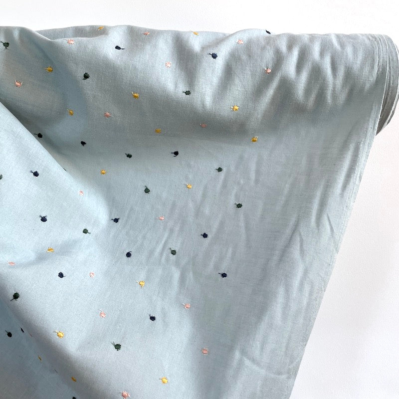 Yanagi - Embroidered Cotton - Tiny Dot - Sky with Mulit Colored Dots