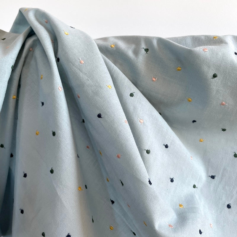 Yanagi - Embroidered Cotton - Tiny Dot - Sky with Mulit Colored Dots