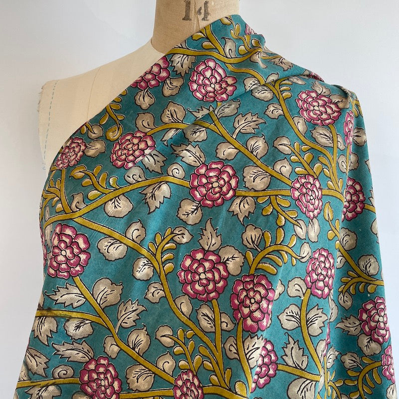 Kalamkari Hand Block Print - Vines on Blue