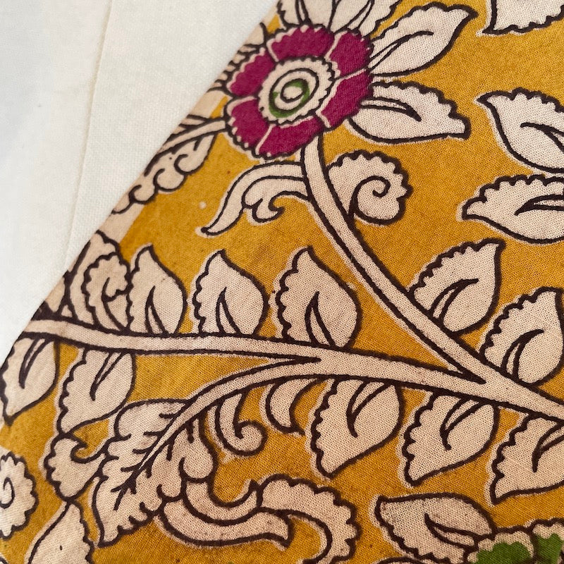 Kalamkari Block Hand Block Print - Flowering Vines on Mustard