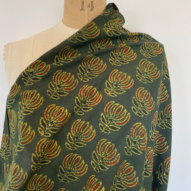 Ajrakh Hand Block Print - Floral Motif - Flowers on Deep Green