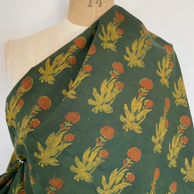 Akola Hand Block Print - Flowers on Deep Green