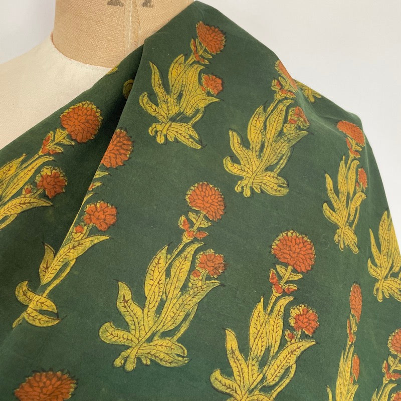 Akola Hand Block Print - Flowers on Deep Green