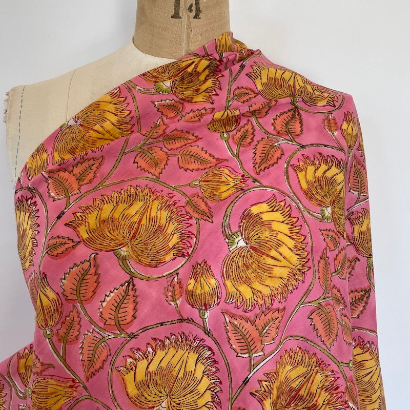 Sanganeri Hand Block Print - Yellow Flower Fans on Pink