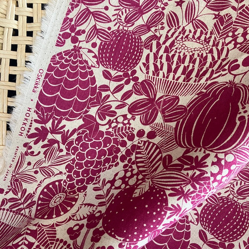 Hokkoh - Cotton/Linen Lightweight Canvas - Abundant Scandi Fruits and Flowers - Fuchsia on Natural
