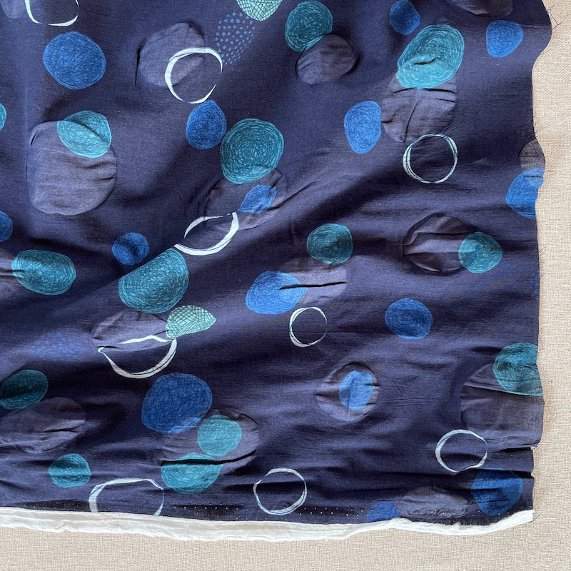 Kokka - Salt Shrunk Cotton Lawn - Circles and Dots - Blues on Navy