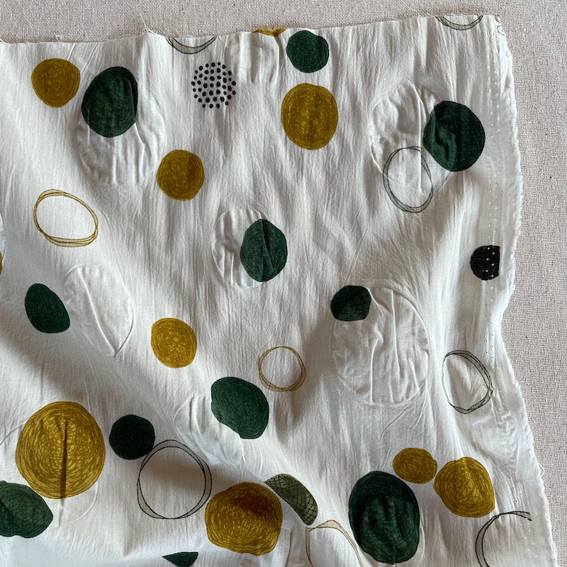 Kokka - Salt Shrunk Cotton Lawn - Circles and Dots - Olive and Gold on Cream