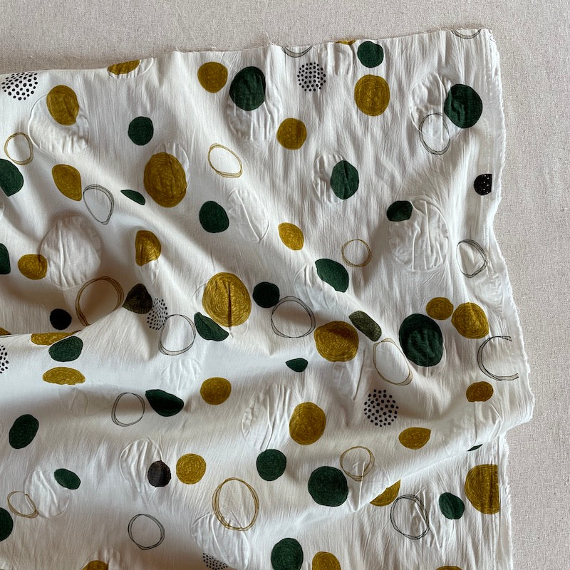 Kokka - Salt Shrunk Cotton Lawn - Circles and Dots - Olive and Gold on Cream