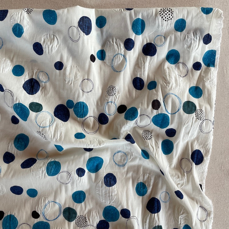 Kokka - Salt Shrunk Cotton Lawn - Circles and Dots - Blues on Cream