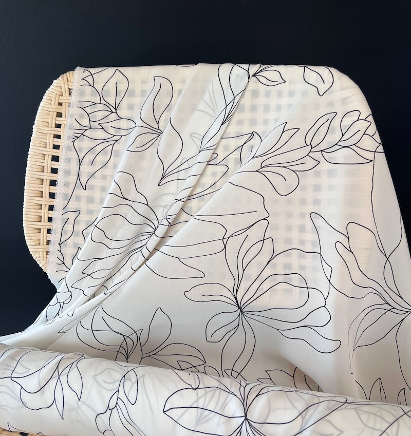 Deadstock - Silk Georgette - White with Black Leaves