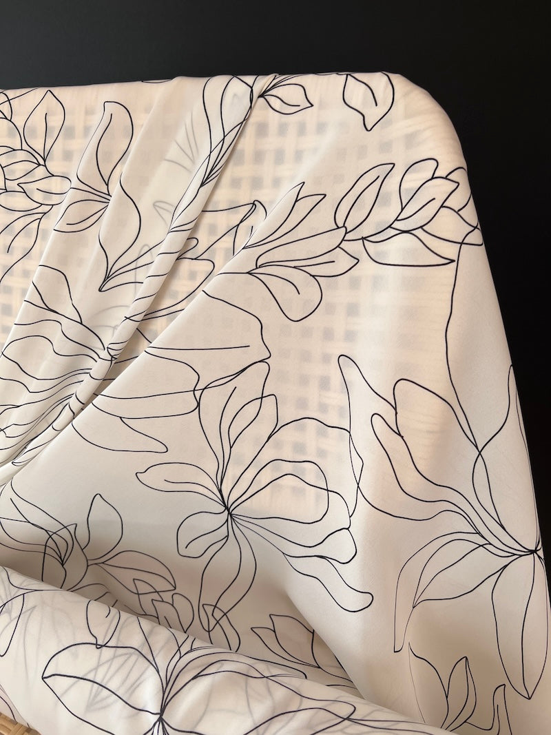Deadstock - Silk Georgette - White with Black Leaves