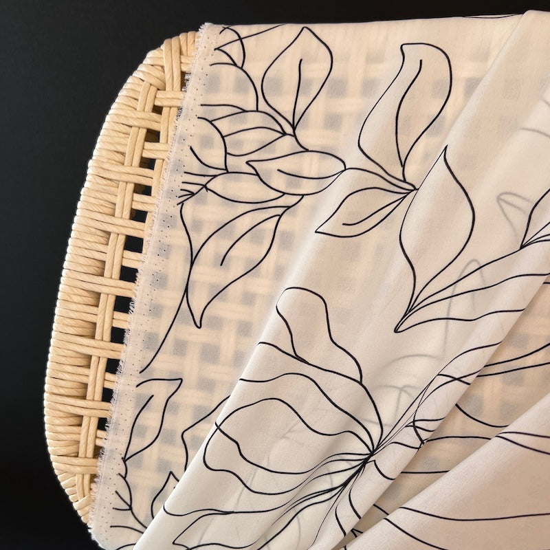 Deadstock - Silk Georgette - White with Black Leaves