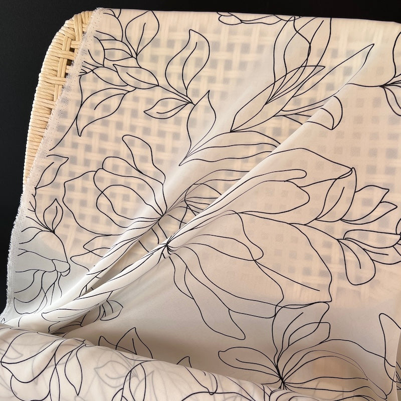 Deadstock - Silk Georgette - White with Black Leaves